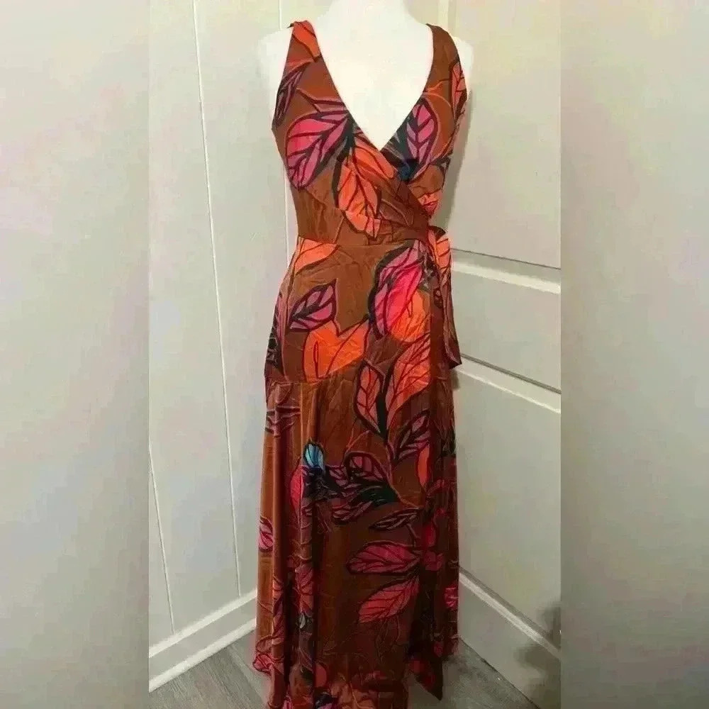 Anthropologie $319 Hutch Copper Fall Floral Hawaiian Satin Wrap Mikki Maxi Dress